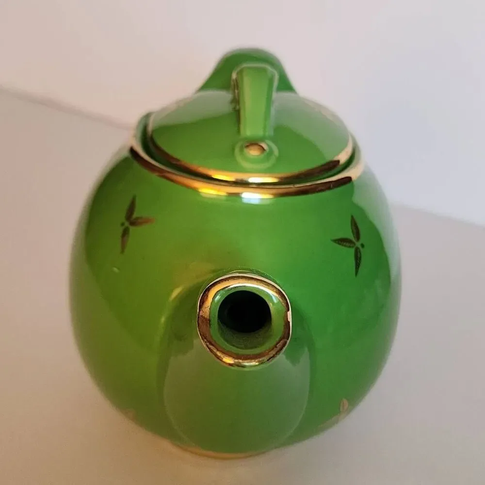 Vintage Hall China Art Deco Tea Pot 6Cup Green Glaze And Gold Floral Trim and Ac